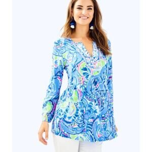 Lilly Pulitzer Women Lyndsea Embroidered Tunic Top Size M Blue‎ Peri Pinch Pinch